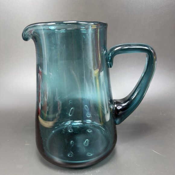 Mid Century Teal Green Art Glass Pitcher Jug Carafe Hand Blown Glassware Vintage - Picture 7 of 11